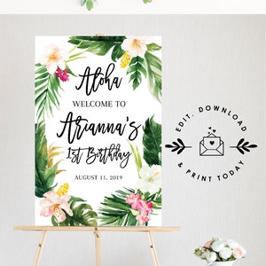 Tropical BIrthday Party Welcome Sign, Editable Luau Welcome Sign Template, Instant Download Summer Birthday Printable, Aloha Party Sign
