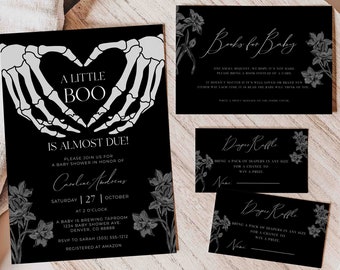 Editable Halloween Baby Shower Invitation Set, Gothic Baby Shower Invite Skull Baby Shower A Little Boo Is Almost Due Skellington Love Hands