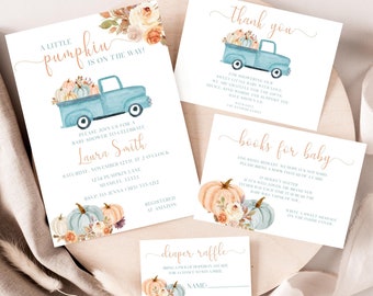 May include: A set of baby shower invitations and cards with a fall theme. The main invitation features a light blue truck carrying pumpkins, with text that reads "A little pumpkin is on the way!" Other cards include "Thank you," "Books for baby," and a diaper raffle card.