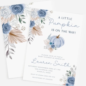 Dusty Blue Pumpkin Baby Shower boy invitation, Little Pumpkin Baby Shower Invite, Floral Fall Baby shower Invite, Blue Pumpkin Baby Shower