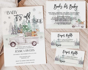 May include: A set of baby shower stationery featuring a winter theme with a light gray truck carrying a Christmas tree and forest animals. The cards include text such as Baby It's Cold Outside, Books for Baby, and Diaper Raffle with event details.