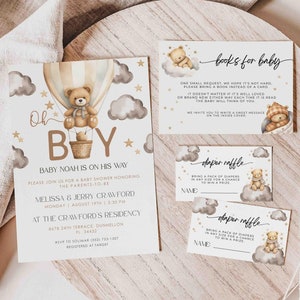 Convite para chá de bebê de ursinho de pelúcia, podemos esperar o pacote de chá de bebê, modelo de convite para chá de bebê com tema de urso de balão de ar quente de ursinho de pelúcia