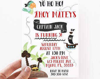 May include: A white rectangular invitation card featuring a pirate theme with a parrot, a treasure chest, palm trees, and a pirate ship. The text reads: YO HO HO! AHOY MATEYS CAPTAIN JACK IS TURNING 3! SATURDAY AUGUST 17TH AT 1:30 PM JACK'S COVE 123 PIRATE AVE. MIAMI, FL 33333 RSVP TO MAYA 305 555 1212.