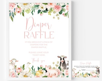 Pink Farm Diaper Raffle Sign, Barnyard Baby Shower Diaper Raffle Ticket Card, Farm Animal Baby Shower Decor, Girl Printable Instant Download