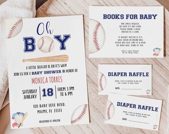 May include: A baseball-themed baby shower invitation set featuring a main invitation, a books for baby card, and two diaper raffle cards. The white stationery displays blue and red text, baseball illustrations, and a wooden bat graphic.