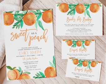 May include: A baby shower invitation and inserts with a peach theme. The invitation reads "As a Sweet Peach" with watercolor peach and green leaf illustrations. Additional cards include "Books for Baby" and "Diaper Raffle".