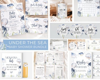 May include: A collection of Under the Sea themed baby shower stationery including invitations, thank you cards, game cards, signs, and labels. Each item features watercolor illustrations of sea creatures like whales, turtles, and jellyfish.