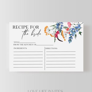 Wildflower Bridal Shower Recipe Card Template, Editable Recipe Cards, Floral Bridal Shower Recipe Insert Card, Printable Bridal Shower