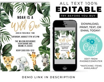 Safari Birthday Invitation, Safari Invitation, Safari Party Invite, Jungle Birthday Invitation, Wild One Birthday, Safari Animals Invitation