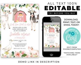 May include: A digital birthday invitation template featuring watercolor farm animals including a lamb, cow, pig, and duck, all wearing floral crowns. The design includes a pink barn, greenery, and pink flowers, with editable text fields for event details.