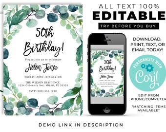 Eucalyptus Birthday Invitation, Editable Watercolor Greenery Invite, Adult Birthday Instant Download Template, Custom Digital Invitation