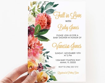 Fall Floral Baby Shower Invitation, Autumn Baby Shower Invitations,  Baby Girl Editable Invitation, Corjl, Gender Neutral Baby Shower Invite