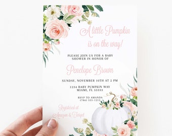 May include: Baby shower invitation with floral accents and a pumpkin illustration. The invitation reads "A little Pumpkin is on the way!" and includes event details. The design features pink roses and greenery.