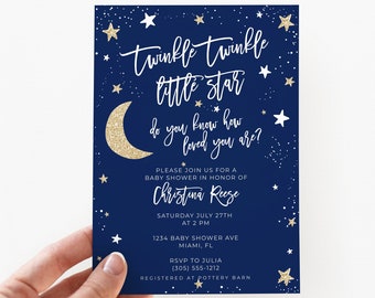 May include: Navy blue baby shower invitation with gold stars and a crescent moon. The invitation reads "Twinkle Twinkle Little Star" and includes event details for Christina Reese's baby shower.