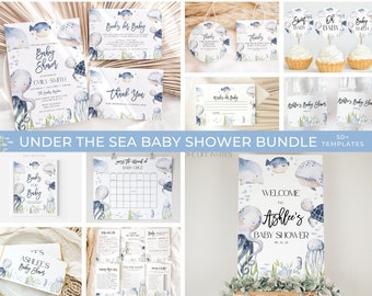 May include: A collection of Under the Sea baby shower templates featuring watercolor illustrations of whales, turtles, octopuses, and jellyfish. The set includes invitations, welcome signs, thank you tags, cupcake toppers, and various game cards with blue text.