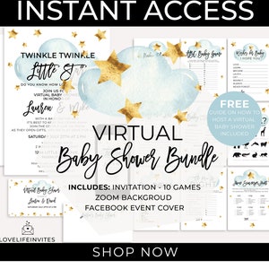 Twinkle Twinkle Little Star Baby Shower Bundle, Virtual Baby Shower Invitation, Baby Shower Games, Editable Baby Shower, Social Distancing