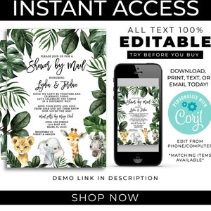 Baby Shower By Mail, Safari Baby Shower Invitation, Jungle Invitation, Safari Animals Shower Invites, Safari Invitation, Virtual Baby Shower