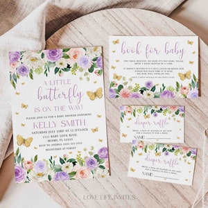 Butterfly Baby Shower Invitation, Purple Butterfly Invitation Template, Butterfly Baby Shower Invitation Girl Butterflies and Flowers Bundle