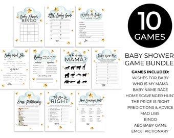 May include: A baby shower game bundle with 10 games, including Bingo, ABC Baby Game, and Emoji Pictionary. The design features a white background with blue and gold accents. The text "INSTANT DOWNLOAD" is prominently displayed.