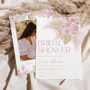 Pink Boho Bridal Shower Invitation, Bohemian Bridal Shower Invite, Boho Floral Bridal Shower, Editable Boho Bridal Shower Template, Digital