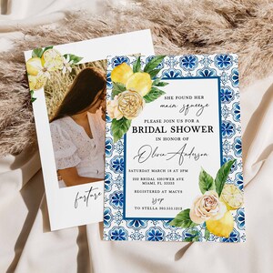 Mediterranean Lemon Bridal Shower Invitation Template, Italian Blue Tiles Bridal Shower Invite, Main Squeeze Invitation, Instant Download