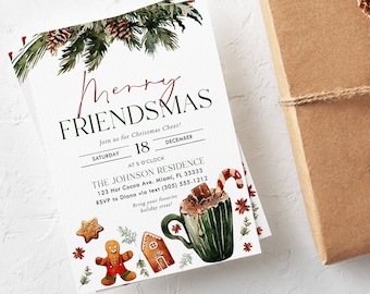 Inbjudan till julfest, inbjudan till Friendmas-fest, inbjudan till högtidsfest, mall för inbjudan till julmiddag med vänner, vuxenfest