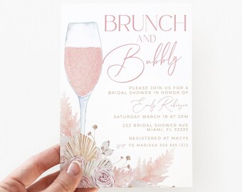 Pink Brunch and Bubbly Bridal Shower Invitation, Boho Bridal Shower Invite, Boho Pink Editable Bridal Shower Invite, Champagne Brunch Invite