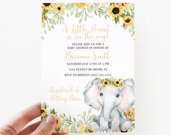 Elephant Baby Shower Invitation, Sunflower Baby Shower Invite, Elephant Sunflower Invitation, Neutral Baby Shower Template, Digital Download