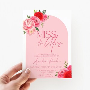 Hot Pink Roses Bridal Shower Invitation, Valentine&#39;s Day Invitation, Pink Floral Bridal Shower, Miss to Mrs Invitation, Modern Arch Invite