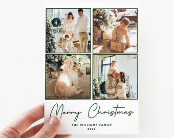May include: A white Christmas card held by a hand, featuring four family photos. The card reads "Merry Christmas" in a cursive font, with "THE WILLIAMS FAMILY 2022" below. The bottom of the card reads "LOVE LIFE INVITES".