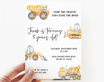 May include: A rectangular birthday invitation card featuring watercolor illustrations of yellow construction vehicles including a dump truck, bulldozer, and cement mixer. The text reads: Stop the traffic and close the road, Jacob is turning 3 years old!