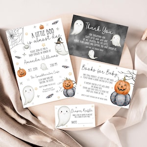 Halloween-baby showeruitnodigingset A Little Boo is Almost Due nodigt uit nodigt Spooky Baby Shower Bundle Book voor babyluier verloting bedankkaart