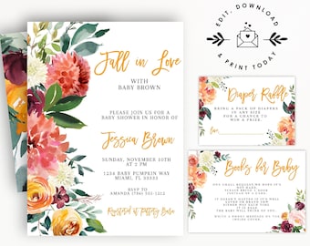 May include: Baby shower invitation suite with floral watercolor design. The invitation reads "Fall in Love with Baby Brown" and includes details for the event. Includes a diaper raffle and books for baby cards.