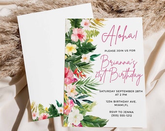 May include: A white rectangular birthday invitation card and matching envelope featuring a watercolor floral design with pink, yellow, and white tropical flowers and green palm leaves. The text reads: Aloha! Please join us for Brianna's 21st Birthday.