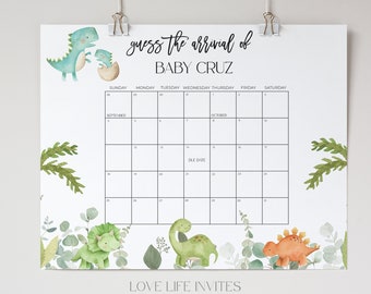 Dinosaur Baby Shower Due Date Calendar Game, Dinosaur Due Date Calendar Game, Dinosaur Guess The Birthday, Instant Download