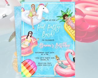 May include: A rectangular pool party invitation card featuring illustrations of four people on various inflatable pool floats, including a unicorn, pineapple, donut, and flamingo. The text reads: Join us for a Pool Party Bash! to celebrate Arianna's Birthday, Saturday July 24th at 4 PM, 1234 Let's Party Ave. Miami, FL, RSVP via text (305) 555-1212.