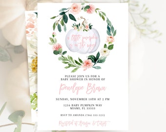 May include: Baby shower invitation featuring a white pumpkin with the text "A little pumpkin is on the way!" surrounded by a floral wreath. The invitation includes details for Penelope Brown's baby shower, including date, time, and location.