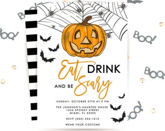 May include: A Halloween party invitation card featuring a central orange jack-o'-lantern under a spiderweb with black bats. The text reads: EAT DRINK AND BE SCARY, SUNDAY, OCTOBER 27TH AT 9 PM, THE JONHSON'S HAUNTED HOUSE, 1234 SPOOKY STREET, MIAMI, FL 33333, RSVP (305) 555-1212, WEAR YOUR COSTUME.