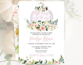 May include: Baby shower invitation with a white pumpkin design and floral accents. The text "A little pumpkin is on the way!" is displayed in pink script. Additional text includes the baby's name, date, time, and location.