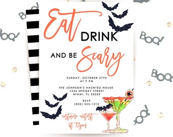 May include: A rectangular Halloween party invitation featuring the text Eat Drink and Be Scary in orange and black. The design includes black glittery bats, two cocktail glasses with a green and red liquid, and a black and white striped side border.