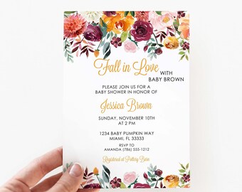 Fall Floral Baby Shower Invitation, Autumn Baby Shower Invitations,  Baby Girl Editable Invitation, Corjl, Gender Neutral Baby Shower Invite
