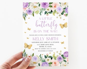 Butterfly Baby Shower Invitation, Purple Baby Shower Invite, Girl Baby Shower Template, Butterfly Invitation, Pink Purple Butterfly Shower