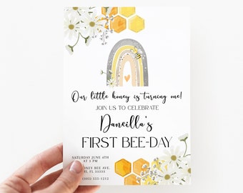 Bee Birthday Invitation, Bee 1st Birthday Invite, 1st Bee Day Invitation, Bumble Bee Birthday, Honey Bee Invitation, Bee 1st Birthday Girl