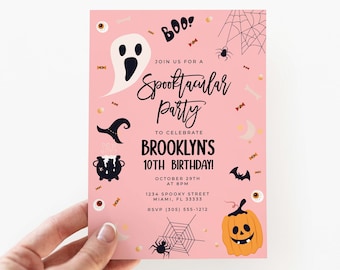 May include: A pink rectangular party invitation featuring Halloween graphics including a white ghost, black spider webs, a witch hat, a black cauldron, a jack-o'-lantern, and candy. The text reads: LOVE LIFE INVITES, JOIN US FOR A SPOOKTACULAR PARTY TO CELEBRATE BROOKLYN'S 10TH BIRTHDAY! OCTOBER 29TH AT 8PM, 1234 SPOOKY STREET MIAMI, FL 33333, RSVP (305) 555-1212.