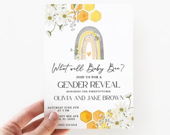 Editable Bee Gender Reveal Invitation What Will Baby Bee Invitations Bumble Bee Gender Neutral Invite Printable Template Instant Download