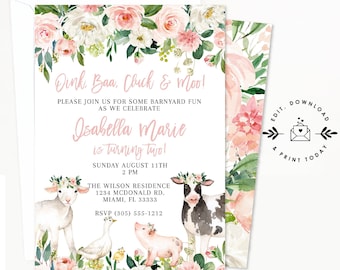 Farm Birthday Invitation, girl farm invitation, floral farm invite, Pink girl farm invite, barnyard party, blush, Editable Instant Download