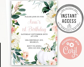 Pink Pumpkin Birthday party Invitation, Editable Fall Birthday Invite Template, Instant Little Pumpkin Printable Party Invites