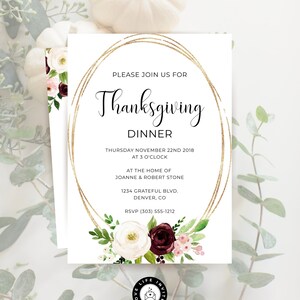 Gold Floral Thanksgiving Dinner Invitation Editable | Friendsgiving Party Invite Template | Fall Invites | Thanksgiving Evite | Corjl