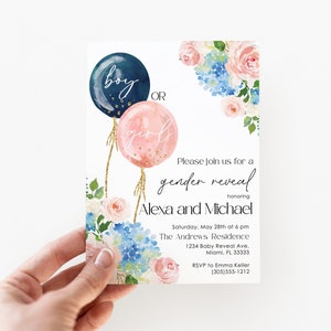 Floral Gender Reveal uitnodiging, Boho Gender Reveal nodigt uit, ballon Gender Reveal, jongen of meisje, marineblauw, blozen roze, hij of zij
