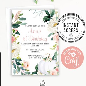 Pink Pumpkin Birthday party Invitation, Editable Fall Birthday Invite Template, Instant Little Pumpkin Printable Party Invites